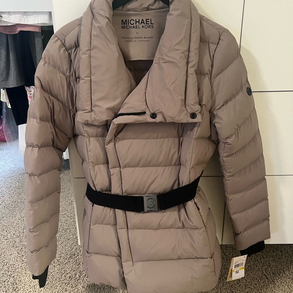MICHAEL Michael Kors Tan Puffer Jacket with Wrap Design